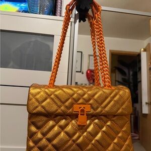 Kurt Geiger Gold Quilted Bag with Orange Chain